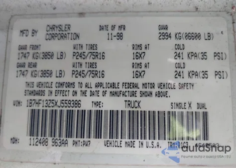 1999 Dodge Ram 1500 St z USA, uszkodzony, nr VIN 1B7HF13Z5XJ559386